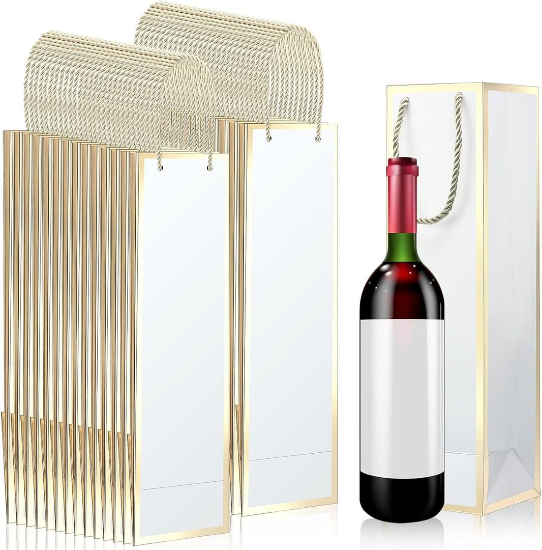 50 Pack Wine Bags Wine Bottles Gift Bags Bulk with Handles 13.8x3.8x3.8 Inch Reusable Gold Foil Print Kraft Paper Liquor Bottle Gift for Birthday Party Wedding Bridal Shower(White)