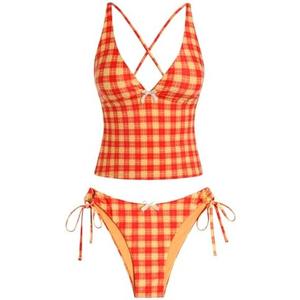 ZAFUL Women's Tankini Set V Neck Tummy Control Floral Printed Tie Side Thong Bikini Swimsuits 2 Piece Bathing Suits Large