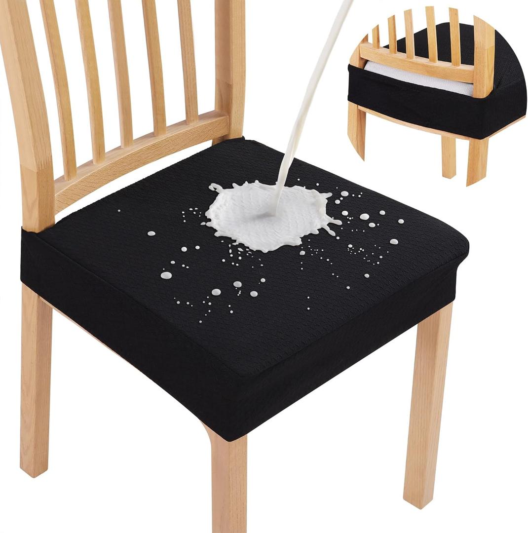 Smiry Waterproof Seat Covers for Dining Room Chairs Set of 6, Stretch Jacquard Removable Washable Chair Seat Slipcovers Protector, No Rear Covers, Black