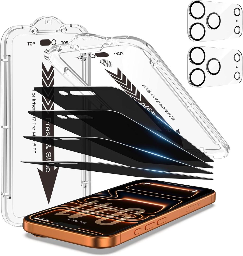 EZ-GLAZ 4-Pack Screen Protector for iPhone 17 Pro Max 6.9 inch Black Privacy with Flawless Fit Kit + 2-Pack Camera Lens Protector, 15-Second Bubble-Free Installation, 9H Hardness, 12FT Military Grade Shatterproof, Scratch Resistant, Tempered Glass | True 28°Anti Spy