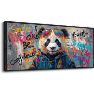 JEAWA Framed Canvas Wall Art - Extra Large Panda Abstract Graffiti Street Art Wall Picture Black and White Paintings Ready to Hang Living Room Bedroom Home Office Inspirational Decor 31.5x70 IN