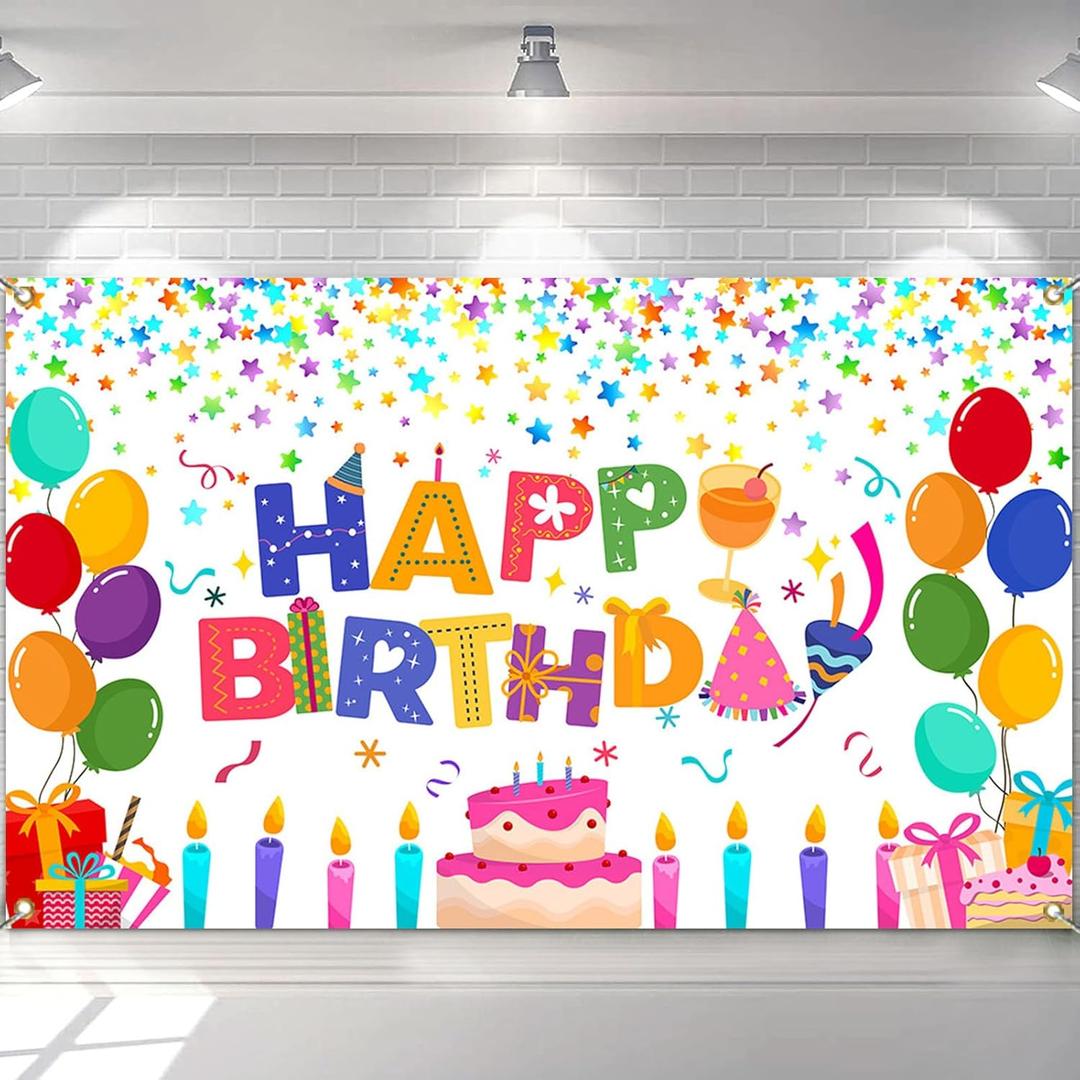 Mocsicka Happy Birthday Backdrop Banner Colorful White Happy Birthday Party Decorations Large Yard Sign for Kid Birthday Party Indoor Outdoor Decoration Supplies