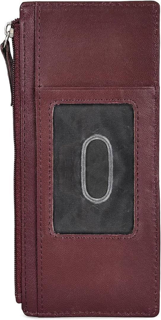 Leatherboss Genuine Leather Women's All in One Credit Business Card Case Holder Slim Zipper Wallet With a Card Protection Strap, Wine
