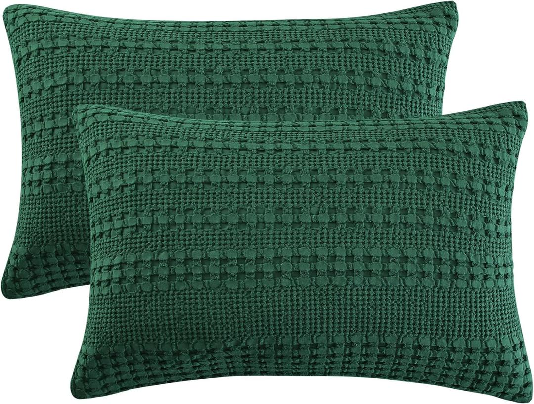 PHF 100% Cotton Waffle Pillow Shams Queen Size, 2 Pack 20" x 30" Soft Skin-Friendly Pillowcases, No Filling, Aesthetic Woven and Breathable Waffle Weave Pillow Case Covers for Bed, Dark Green
