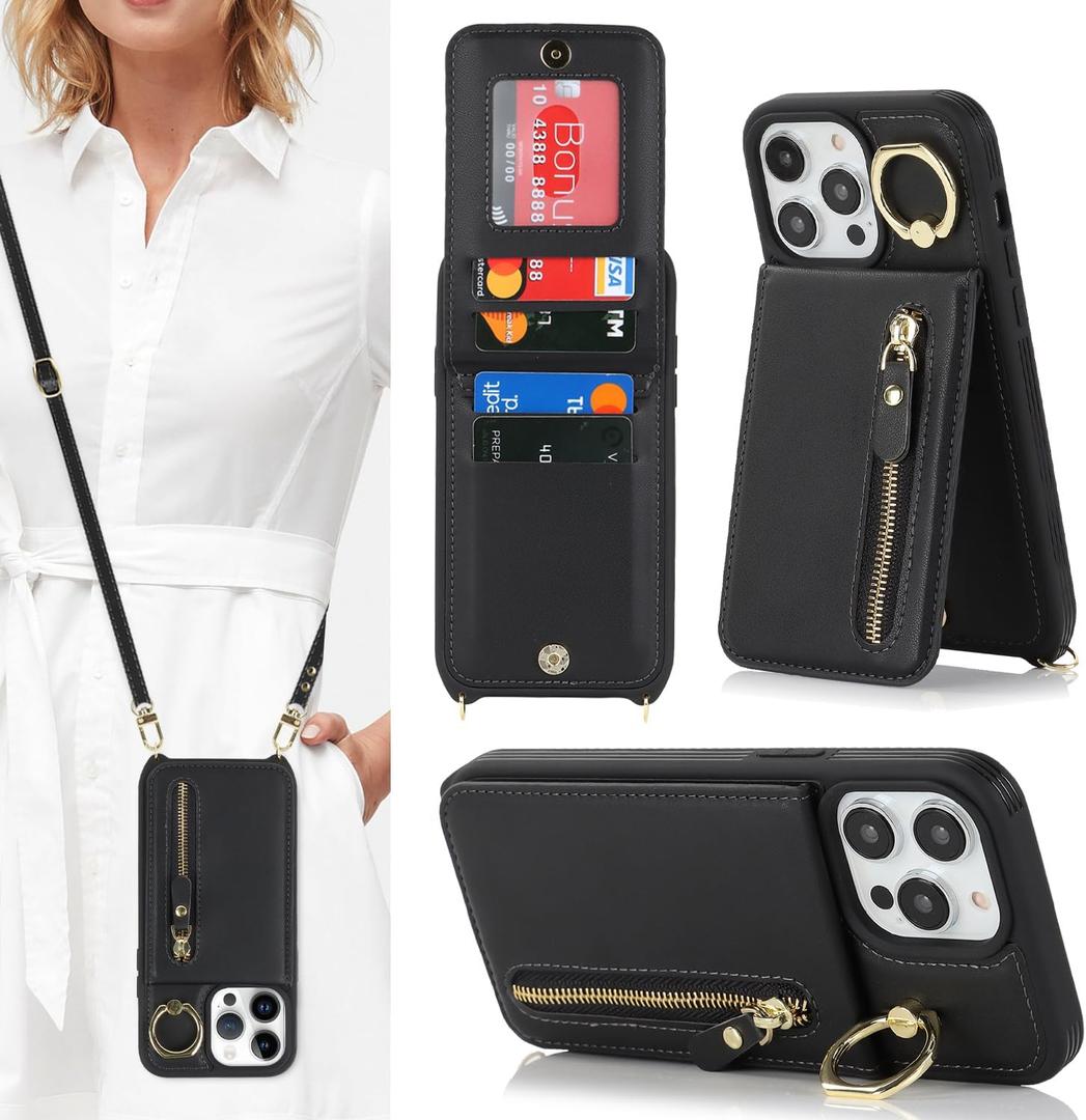 for iPhone 14 pro max Phone Case with Card Holder and Strap for Women, Crossbody Bag with Ring Stand Zipper Wallet Case for Apple14promax Purse - Black