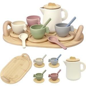 Wooden Tea Set for Toddlers 3-5, 15 Piece Tea Party Set with Teapot, Cups, Spoons and Tray for Girls and Boys, Pretend Play Kids Kitchen Accessories for Ages 3-6