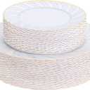 U-QE 60 Pcs White Scalloped Plastic Plates with Gold Trim  Include 30 10.25" Dinner & 30 7.25" Dessert Heavy Duty for Party  Perfect as Wedding Plates, Bridal Showers and Thanksgiving Party