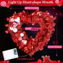 Meonum 12'' Lighted Valentines Day Wreath Heart Rose Wreath for Front Door Romantic Decor, Timer Light up Rose Heart Wreath with Glitter Heart Red Pink White Light for Valentines Day Wedding