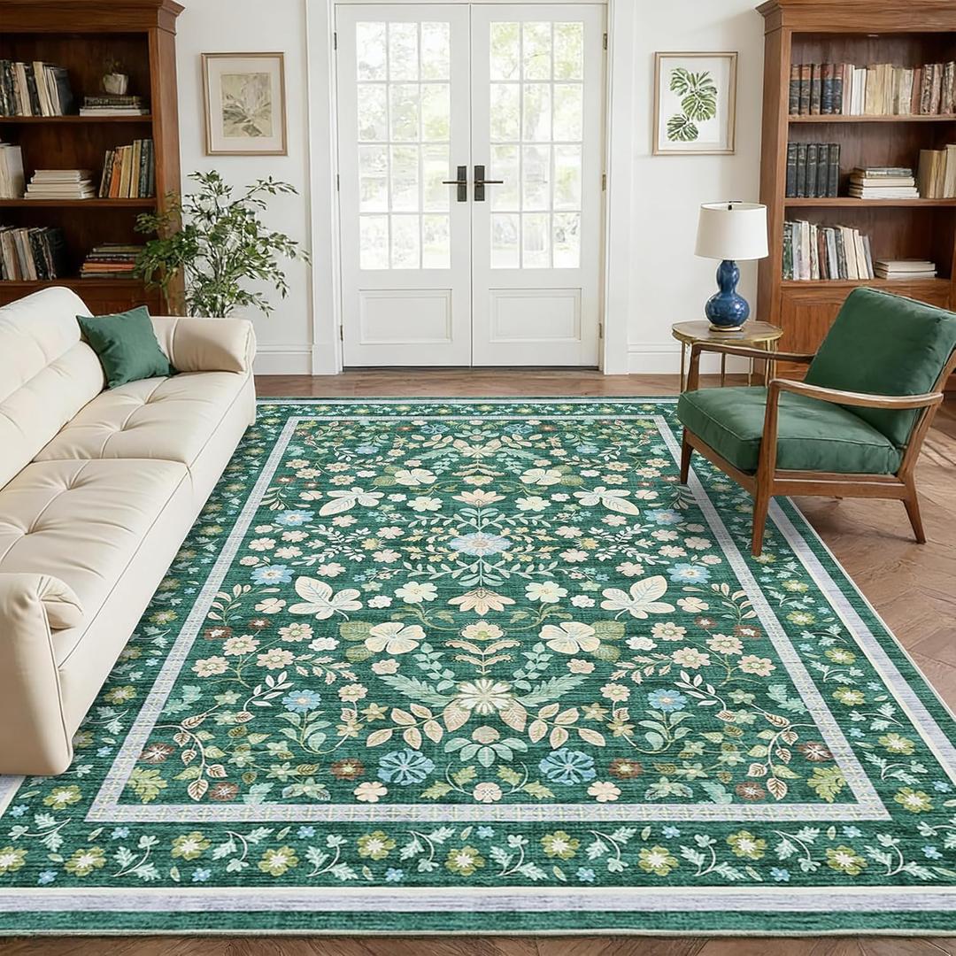 GarveeHome Floral 5x7 Christmas Area Rugs for Living Room Machine Washable Soft Boho Non-Slip Backing Carpet Indoor Stain Resistant Low Pile for Bedroom Farmhouse Rugs Green