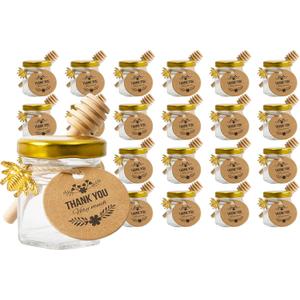 24Pack 1.5oz Mini Glass Hexagon Honey jars - Gold Lid, Small Wooden honey dipper, Bee Charms, Thank You Gift Tags, Jute - Baby Shower Thank You Party Wedding Favors Gifts (Golden)