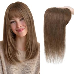 Hair Toppers for Women Real Human Hair 12 Inch Long Straight Toppers for Women with Thinning 7 * 13CM Silk Base Clip in Hairpieces with Bangs (Mocha Brown)