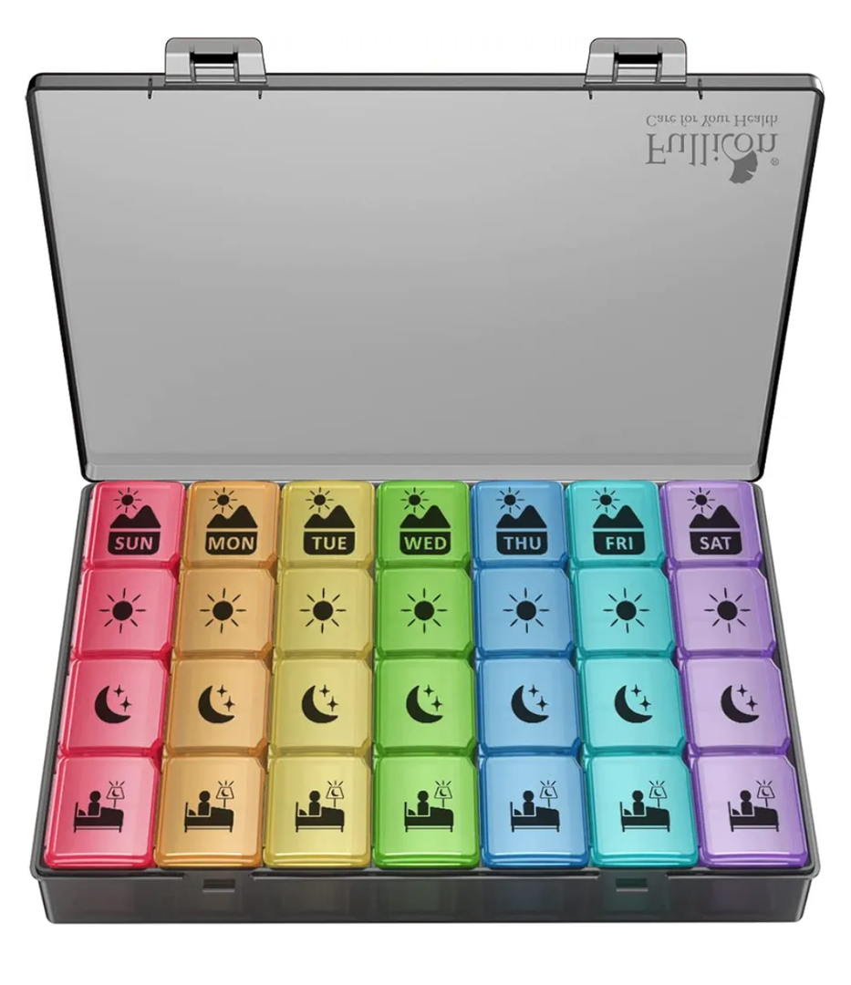 Extra Large Weekly Pill Organizer 4 Times a Day, XXL Large Pill Box, 7 Day Medicine Organizer, Black Pill case for Vitamin/Fish Oil/Supplements