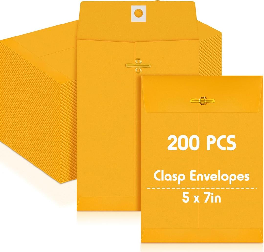 Geyee 200 Pcs 5 x 7" Clasp Manilla Envelopes Gummed Clasp Closure 28 lb Kraft Paper Envelopes for Storing or Mailing Home Business Office(Yellow)
