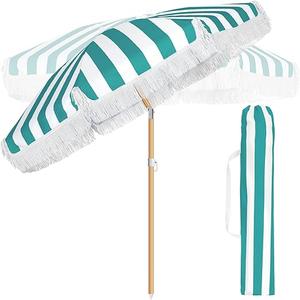 6.5FT Striped Beach Umbrella with Fringe, UPF 50+ Sun Protection, Adjustable Height and Tilt Design, Wind-Resistant Fiberglass Ribs, Sturdy Wood Grain Iron Pole, Lightweight & Portable with Carry Bag, Base Not Included