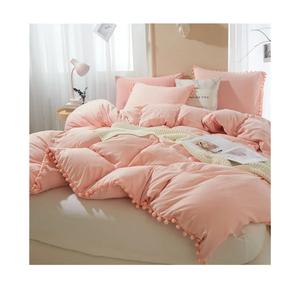 IHOUSTRIY Kid's Duvet Cover Twin Size,100% Washed Microfiber 2pcs Girl Bedding Duvet Cover Set, Pom Poms Fringe Solid Color Soft and Breathable with Zipper Closure & Corner Ties (Peach Pink, Twin)