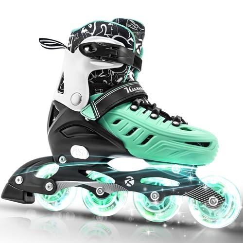 Inline Skates for Kids and Adult, Adjustable Fun Illuminating Skates for Girls, Boys, Women and Men Outdoor and Indoor, Beginners, Teal, Size 7-8