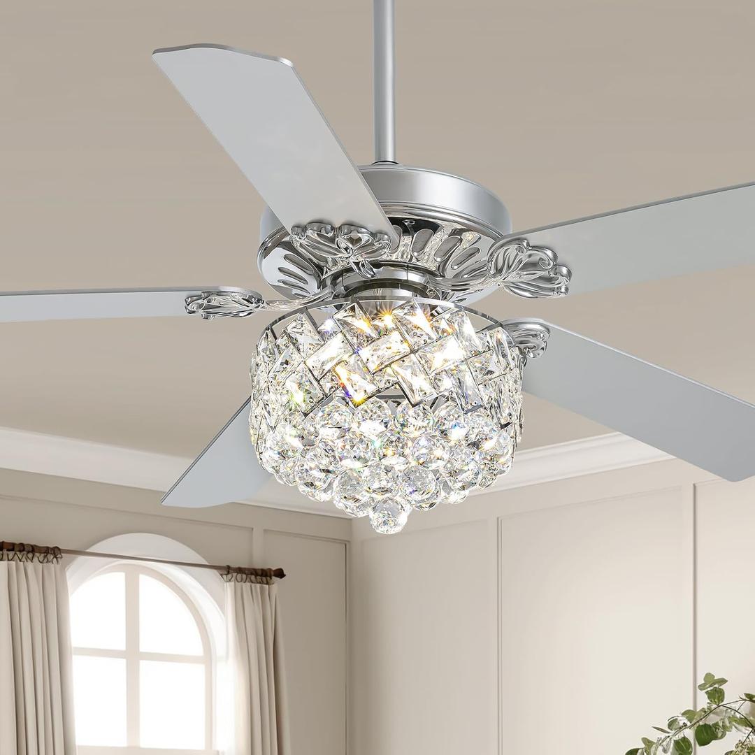 CROSSIO 52" Crystal Ceiling Fan with Light Dimmable LED Chandelier Ceiling Fan Modern Reversible Fandelier Light Fixture with Remote for Bedroom Dining Room Living Room Chrome