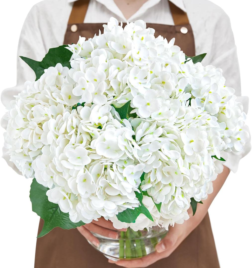 Serwalin 𝟱𝙋𝘾𝙎 3D Real Touch Hydrangea Artificial Flowers, 21in White Fake Hydrangea Flowers Realistic Faux Hydrangea for Wedding Home Decor Centerpieces Floral Arrangements (No Vase)