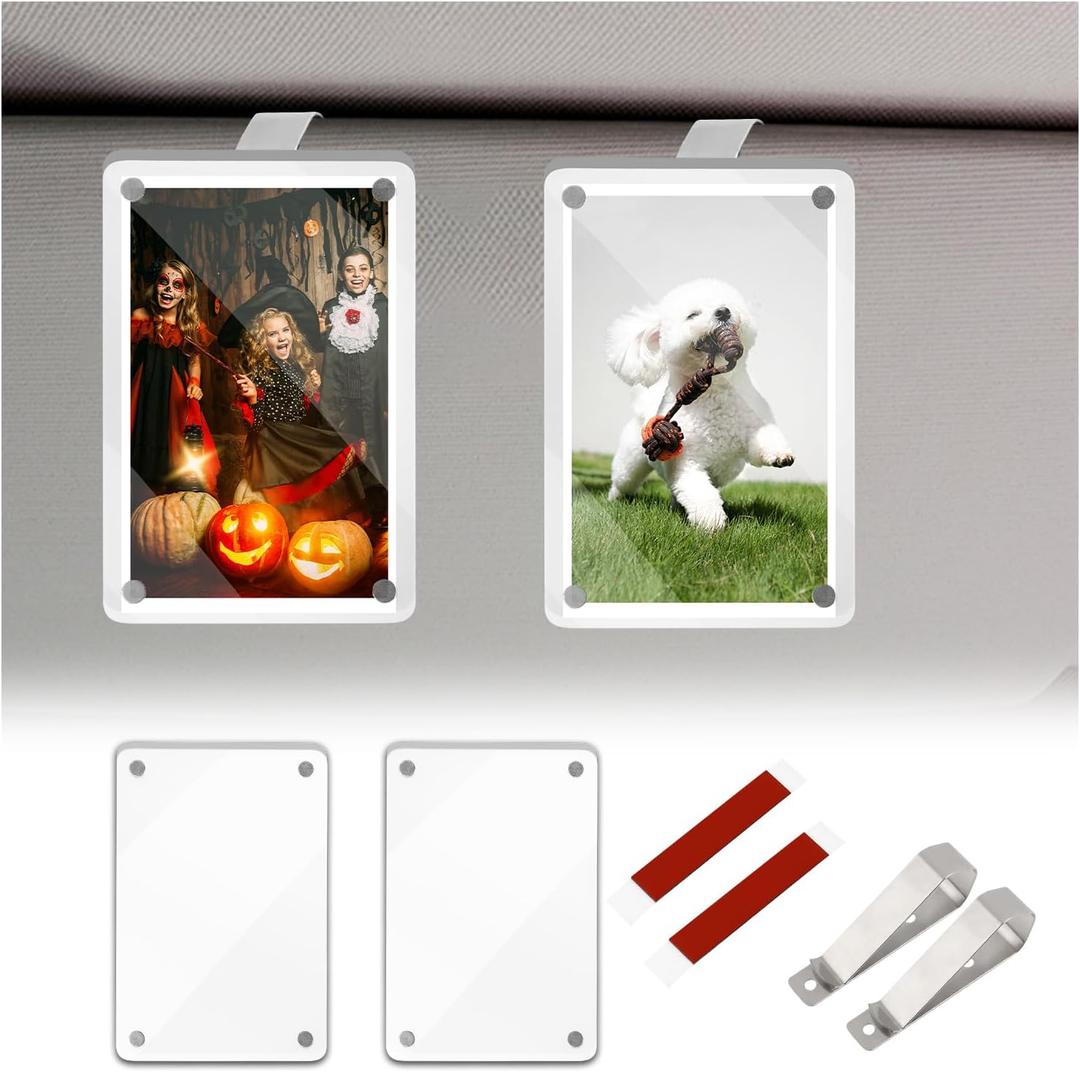 Car Picture Holder Kit,Acrylic Car Visor Photo Clip with Magnetic Design for Decoration & Photo Display,3" Personalized Universal Cars Photos Holder as Halloween Cars Decor (2PCS)