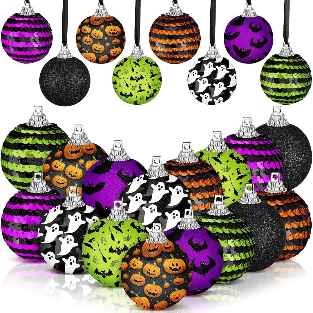 Zeyune 16 Pcs Halloween Ball Ornaments for Tree 2 Inch Halloween Tree Decorations Pumpkin Ghost Bat Spider Glitter Ornaments with Sequins for Holiday Party Hanging Decorations (Spooky Style)