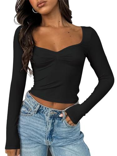ForeFair Women's Sexy Long Sleeve Going Out Tops Pleated Bustier Shirt Cute Sweetheart Neck Y2K Cropped Top (Black-01,S)