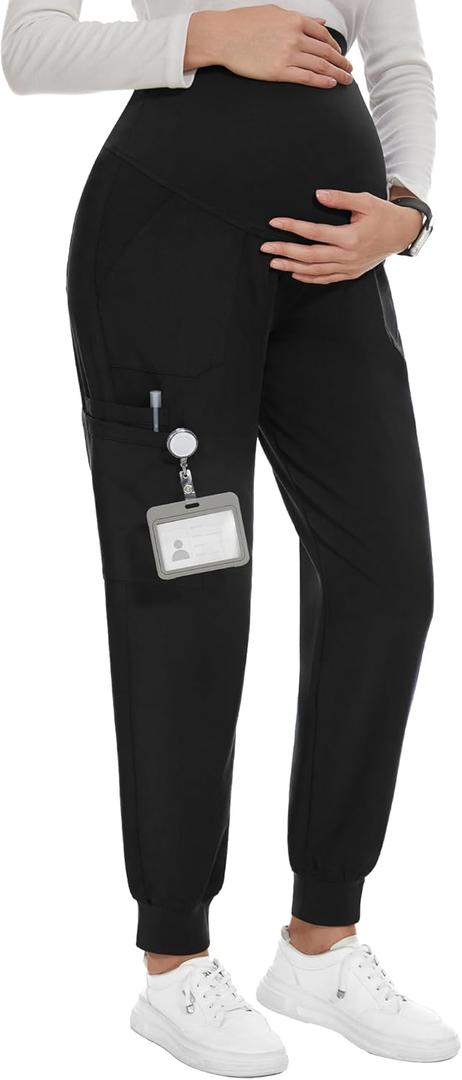 PACBREEZE Women's Maternity Scrubs with 6 Pockets, Workwear Maternity Jogger Scrubs Pregnancy Pants, S-XXL(Update Black, Medium)