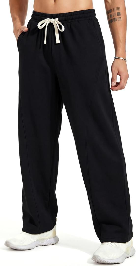 ZUY Men's Baggy Fleece Sweatpants Cotton Lounge Open Bottom Athletic Pants Straight Leg Drawstring with Pockets (Black, S)