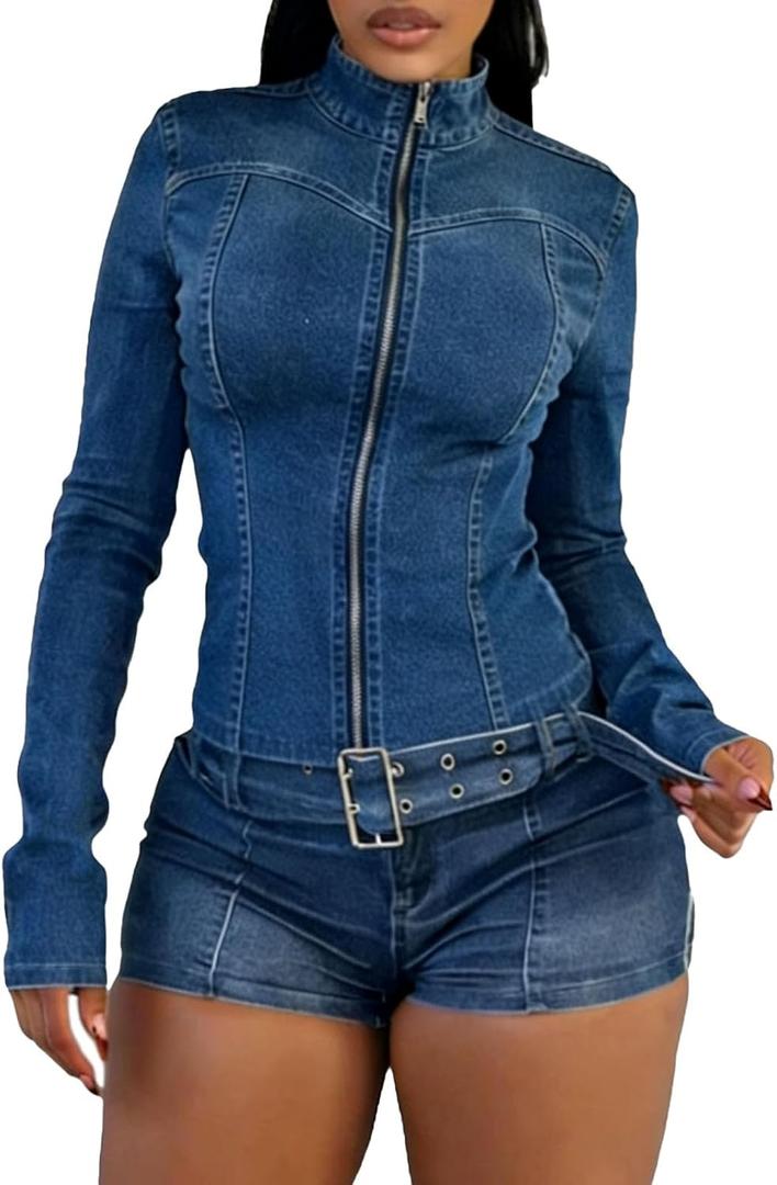 Molilove Women's Two Piece Set Denim Outfits Long Sleeve Zip Up Cropped Jean Jacket Bodycon Shorts Sets with Belt Y2K Outfits, Large
