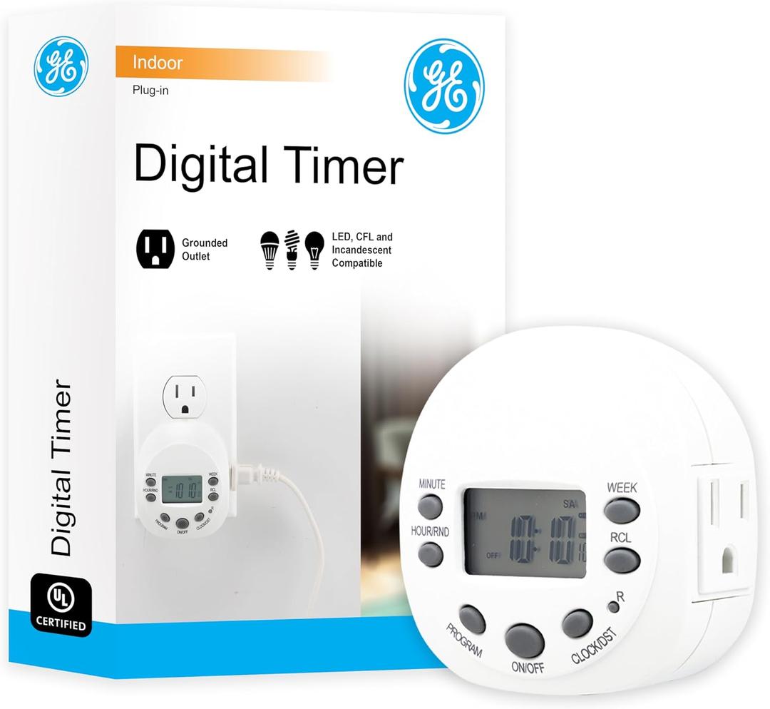 GE 7-Day Programmable Indoor Digital Timer, 1 Grounded Outlet, Weekly / 7 Day Cycle Plug for Electrical Outlets, 125 VAC Light, Plug, Lamp, White, 1 Pack, 15150