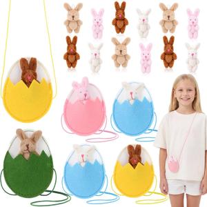 12 Sets Easter Bunny Plush Easter Egg Filler Plush Bunny Stuffed Animals with Fillable Felt Eggshell Bag Neck Hanger for Basket Stuffers Spring Party Favors Decor Crafts Goodie Bag