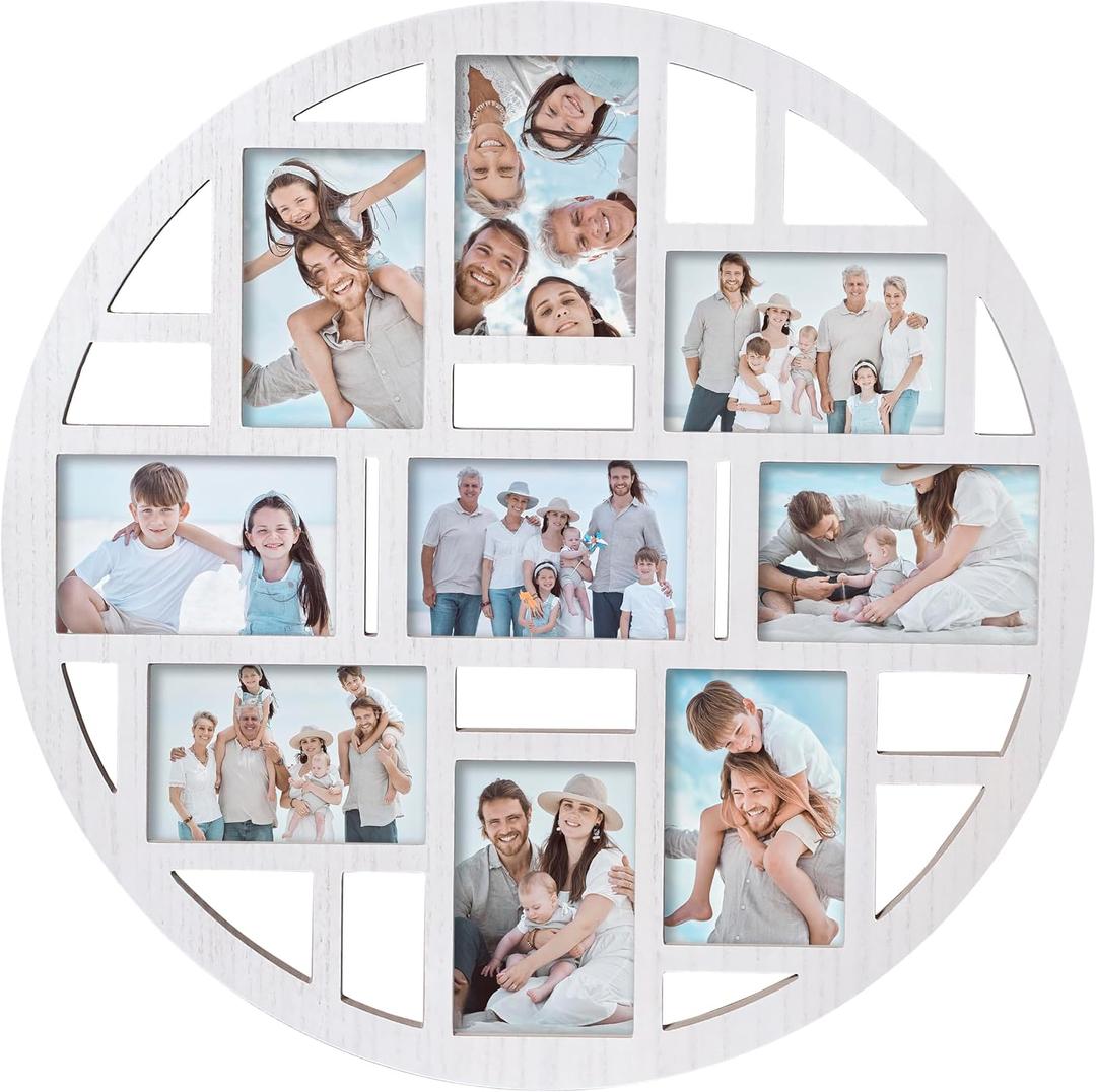 9-Opening Circular Collage Picture Frame Wall Decor White Round Multi Photo Frame for 4x6 Pictures, Modern Hanging Wall Art for Living Room, Bedroom, or Hallway 22.05 x 22.05 Inch