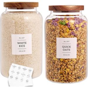 Set of 2 Large Glass Jar with Airtight Acacia Lid and 132 Kitchen Pantry Labels, Clear Glass Food Storage Jars Containers for Rice Flour Pasta Sugar Coffee Cookie and More(98 Fl Oz/2800 Ml)