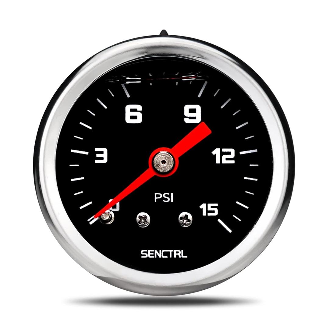 SENCTRL 0-15 Psi Fuel Pressure Gauge, 1-1/2" Black Dial, 1/8" NPT Back Mount, Silicone Oil Liquid Filled, Stainless Steel Case, Inline Low Pressure Gauge, for Water Oil Pressure Test