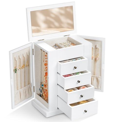 Emfogo Jewelry Box for Women, 5 Layer Large Wood Jewelry Boxes & Organizers for Necklaces Earrings Rings Bracelets, Rustic Jewelry Organizer Box with Drawers and Mirror (Vintage White)