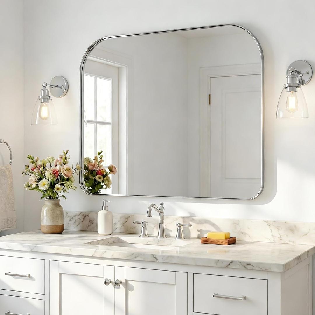 ANDY STAR 36x30 Polished Chrome Bathroom Vanity Mirror, Asymmetrical Soft Arch Rectangle Wall Mirror, Rust-Resistant Slim Stainless Steel Frame, Sleek 1-Inch Depth, Modern for Bathroom, Living Room