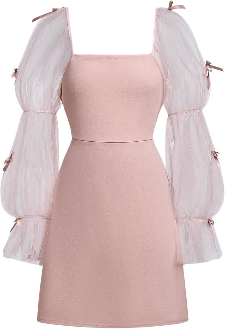 Girl's Dress Bow Ruffle Sheer Mesh Puff Long Sleeve Dresses Party Formal Short Dresses Size 11 Years