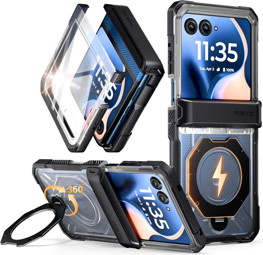 Poetic for Motorola Moto Razr 2026/2025/2024 Case, | Compatible with MagSafe | 360° Rotate Magnetic Ring Kickstand | Full Body Shockproof Protective Cover |Tempered Glass Screen Protector| Black/Clear