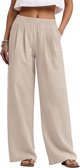 Cotton Linen Pants Women Wide Leg Palazzo Pants Beach Vacation Outfits Summer 2026 Flowy Clothes Trousers with Pockets, Medium Khaki