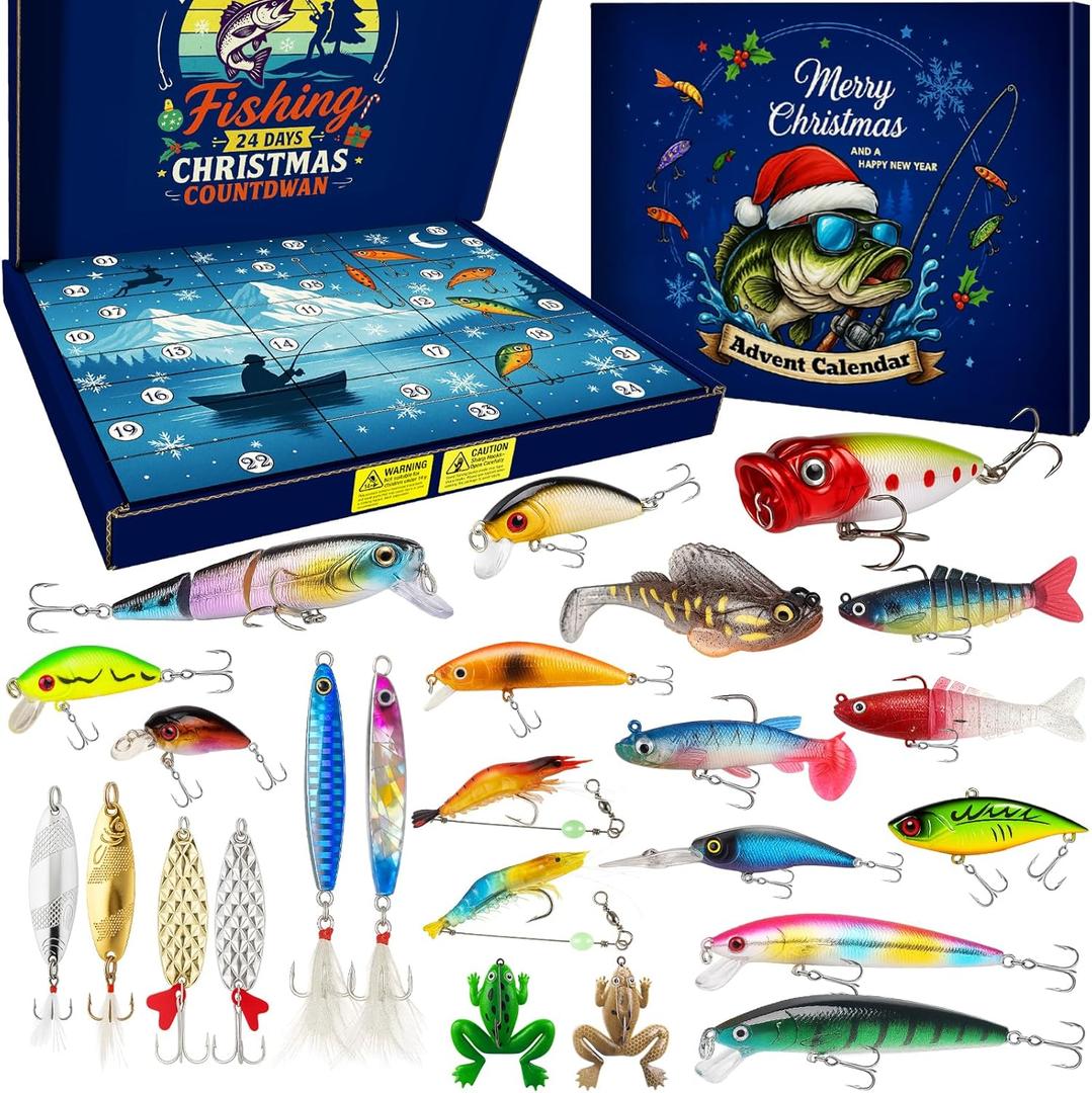 EXUN Premium Fishing Advent Calendar 2025  24 Days of Curated Lures for Men, Teens & Dads  Christmas Countdown Gift Box for Bass & Trout Fishing Enthusiasts