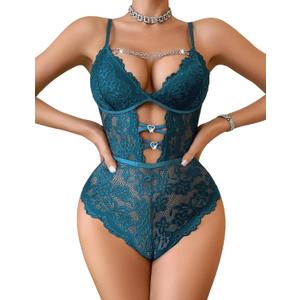 Avidlove Lingerie for Women Sexy Lace Bodysuit with Chain V Teddy Lingerie Rhinestone Cut Out One Piece Babydoll Nightgown (Large, Peacock Blue)