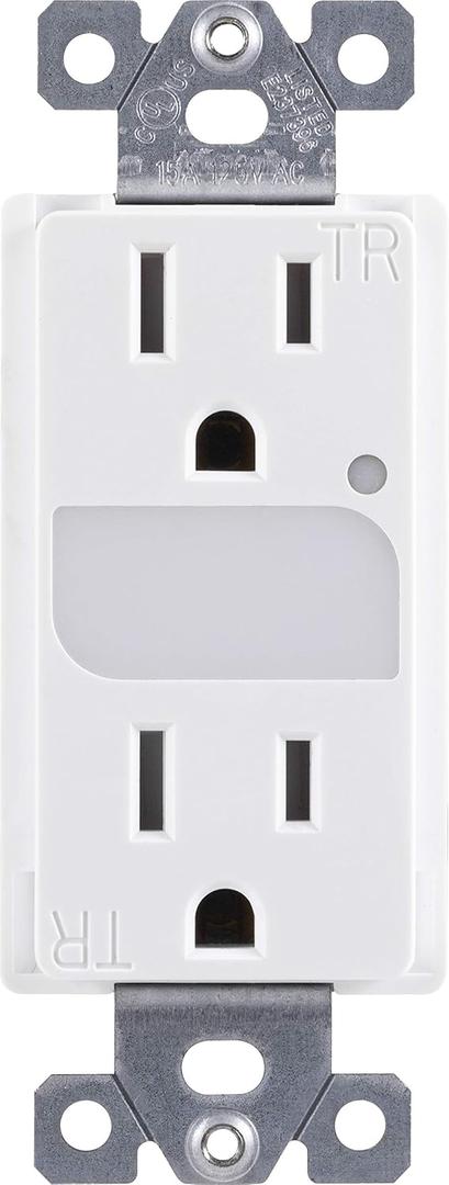 GE UltraPro Grounding Duplex Outlet with LED Guide Light, In Wall Receptacle, Tamper Resistant Outlets, Soft Glow Light, Sensor Light, 15A / 125VAC, UL Listed, White, Wallplate not included, 40967