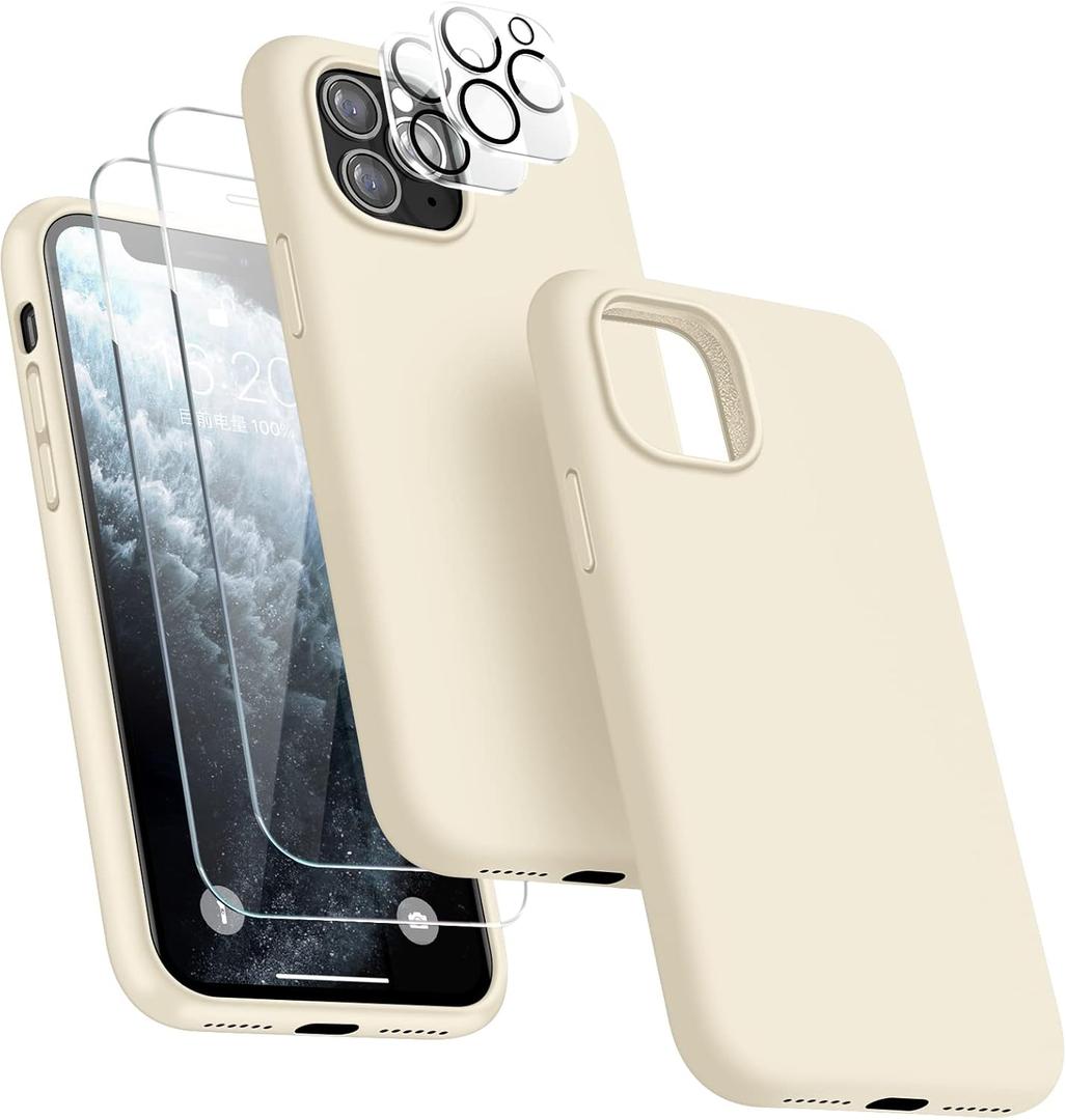 [5 in 1 for iPhone 11 Pro Max Case 6.5, with 2 Pack Screen Protector + 2 Pack Camera Lens Protector, Liquid Silicone Slim Shockproof Protective Phone Case [Microfiber Lining] (Stone)