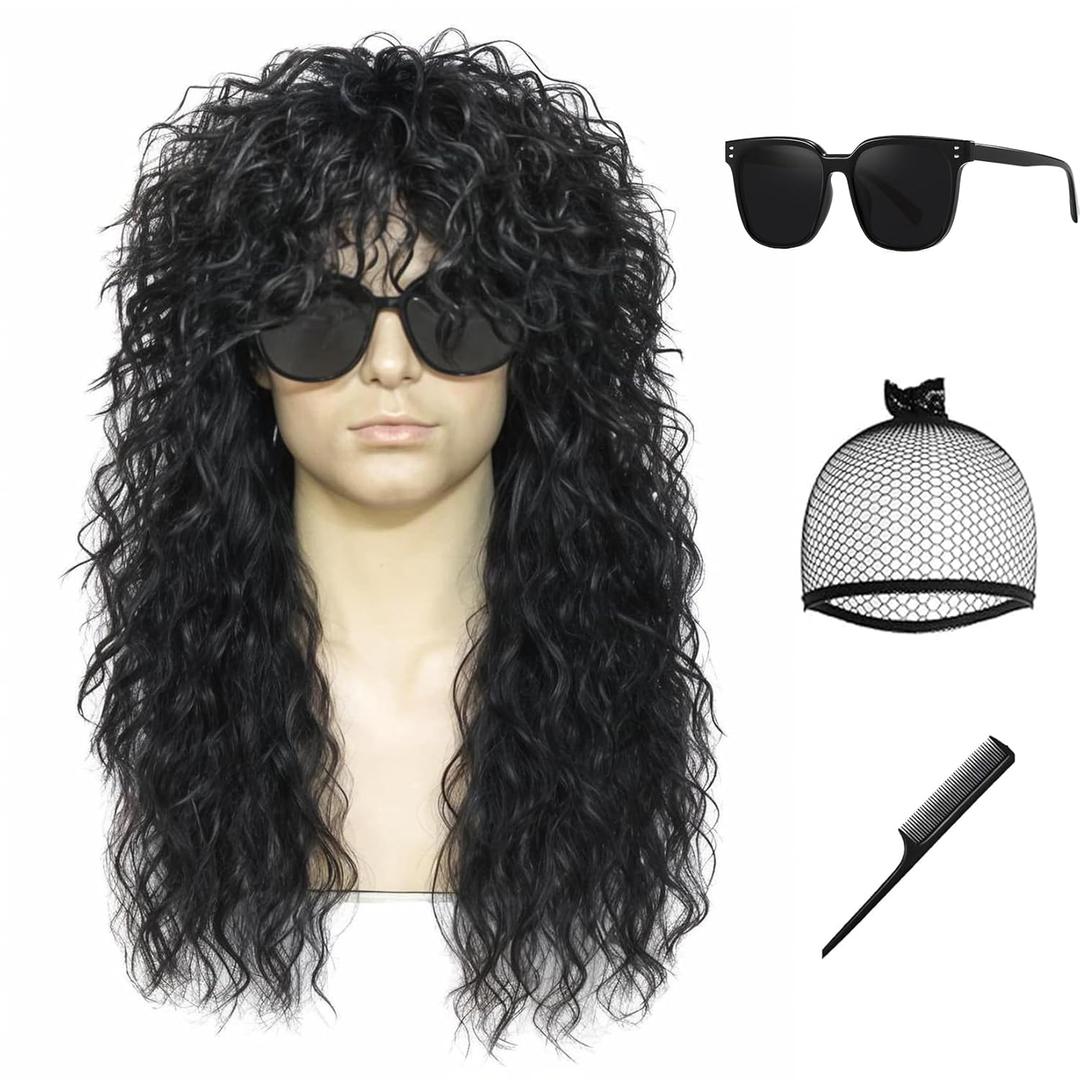 Rock Wig for 80s Costume Men and Women Curly Wavy Rocker Wig with Bangs Hippie Party Funny Wig for Halloween Themed Party Retro Concerts Costume Parties (Black)