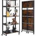 BIBKOK No-Assembly Folding Bookshelf Storage Rack Shelves with Castors 4 Tiers Vintage Bookcase Standing Racks Multifunctional Plant Flower Stand Study Organizer for Home Office (Wood, Rustic Black)