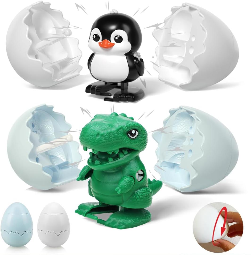 2 Pack Wind-Up Surprise Hatching Eggs Toy, Dinosaur & Penguin Egg Pops Open & Walks, Clockwork Mechanical No Battery Reusable Fun Toy, Birthday Gift for Boys Girls Toddlers