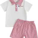 Baby Boy Girl 4th of July Outfit Short Sleeve American Flag Embroidery Polo Shirt Striped Shorts Summer Clothes (Red)