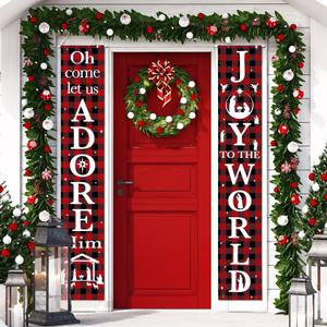 Christmas Nativity Porch Sign Joy to the World Winter Holiday Hanging Banner Flag Holiday Banner Outdoor for Christmas Decorations Door Porch Yard Indoor Outdoor, 71 x 12 Inch (Plaid)