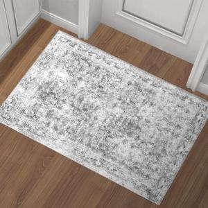 2x3 Washable Rug for Kitchen & Bedroom Floor or Entryway, Soft Indoor Mat for Inside House, Small Throw Carpet Bathroom Rug, Gray Carpet (Grey and White)