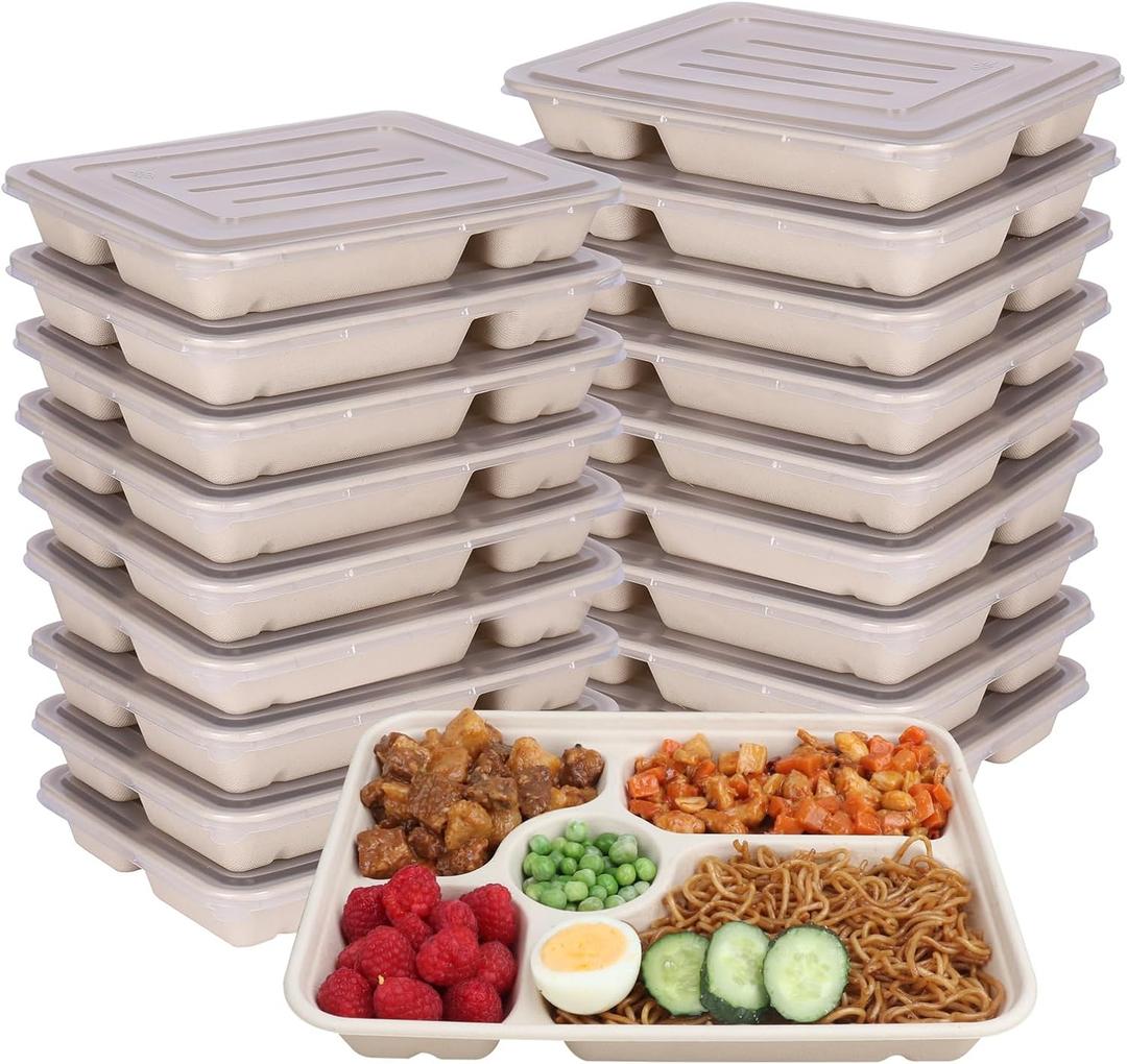 40 oz 5 Compartments disposable Sugarcane Fiber plates with Lids Bagasse Plant Fibers Freezer Safe 25 Pack