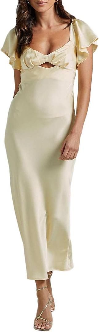 Summer Satin Flutter Sleeve Wedding Guest Dresses for Women Sweetheart Neckline Cutout Tie Back Midi Cocktail Dress (Yellow, S)